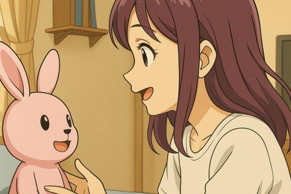 ぬいぐるみと話す若い女性