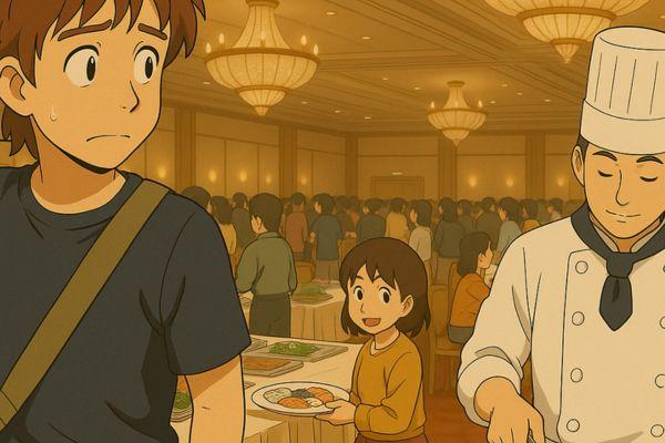 一人でバイキング会場に入り恥ずかしいシーン