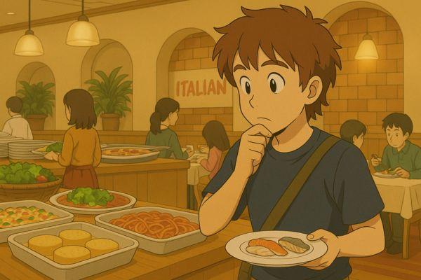 バイキング宴会場にたくさんの料理が並べられており迷っているシーン