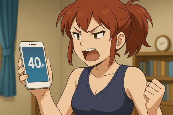 ポケカラの点数が低くて激怒しているシーン