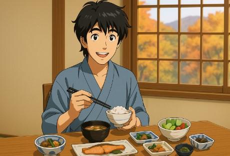 肘折温泉で朝食