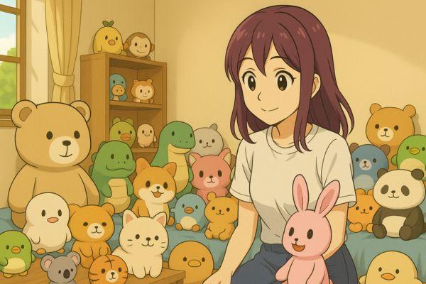 部屋中、ぬいぐるみだらけのシーン